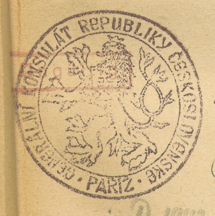 - (Generalní Konsulát Republiky Československé v Paríži), Stempel: Monogramm; 'Generalní Konsulát Republiky Československé. Paríž'. 