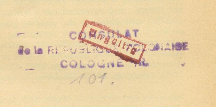 - (	 Polen. Konsulat Generalny (Köln)), Stempel: Name; 'CONSULAT de la REPUBLIQUE POLONAISE COLOGNE /R. | 101.'. 