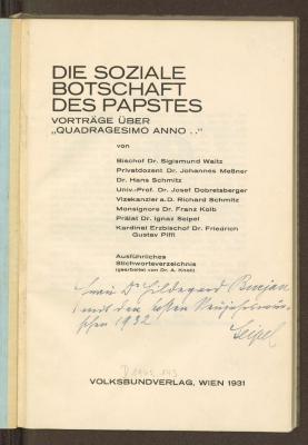 Cf 59345:F8 : Die soziale Botschaft des Papstes : Vorträge über "Quadragesimo anno ..". (1931)