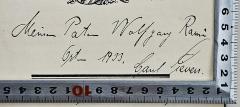 - (Rami, Wolfgang;Schieven, Paul), Von Hand: Widmung, Name; 'Meinem Paten Wolfgang Rami, Ostern 1933.
Paul Schieven.'. 