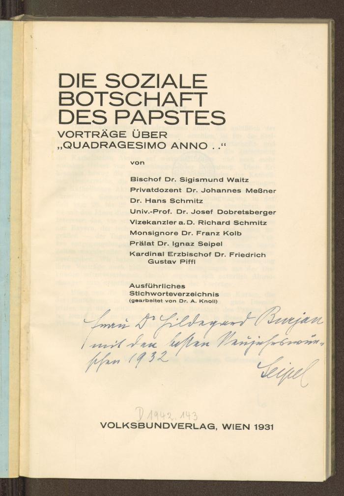 Cf 59345:F8 : Die soziale Botschaft des Papstes : Vorträge über "Quadragesimo anno ..". (1931)