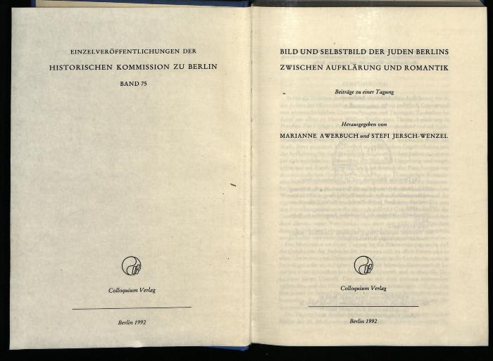 JUD II F1 95 323 : Bild und Selbstbild der Juden Berlins zwischen Aufklärung und Romantik
 (1992)