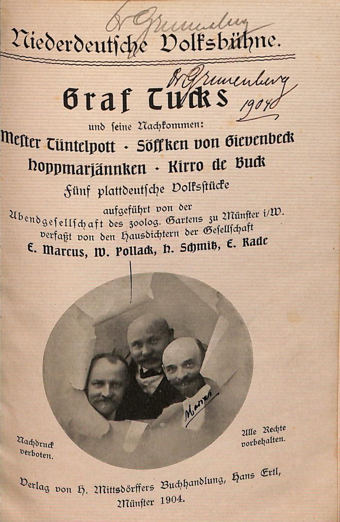 DLIT7681:1/5 : Graf Tucks und seine Nachkommen: Mester Tüntelpott, Söffken van Gievenbeck, Hoppmarjännken, Kirro de Buck (1904)