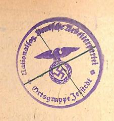- (Nationalsozialistische Deutsche Arbeiterpartei. Ortsgruppe Jerstedt), Stempel: Name, Ortsangabe; 'Nationalsoz. Deutsche Arbeiterpartei / Ortsgruppe Jerstedt'. 