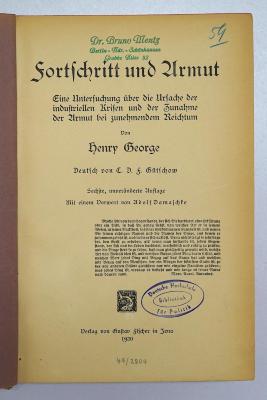 B 195&lt;6&gt; : Fortschriftt und Armut. Eine Untersuchung über die Ursache der industriellen Krisen und der Zunahme der Armut bei zunehmendem Reichtum  (1920)