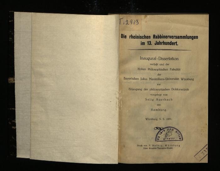 JUD II E5 1777 : Die rheinischen Rabbinerversammlungen im 13. Jahrhundert
 (1931)