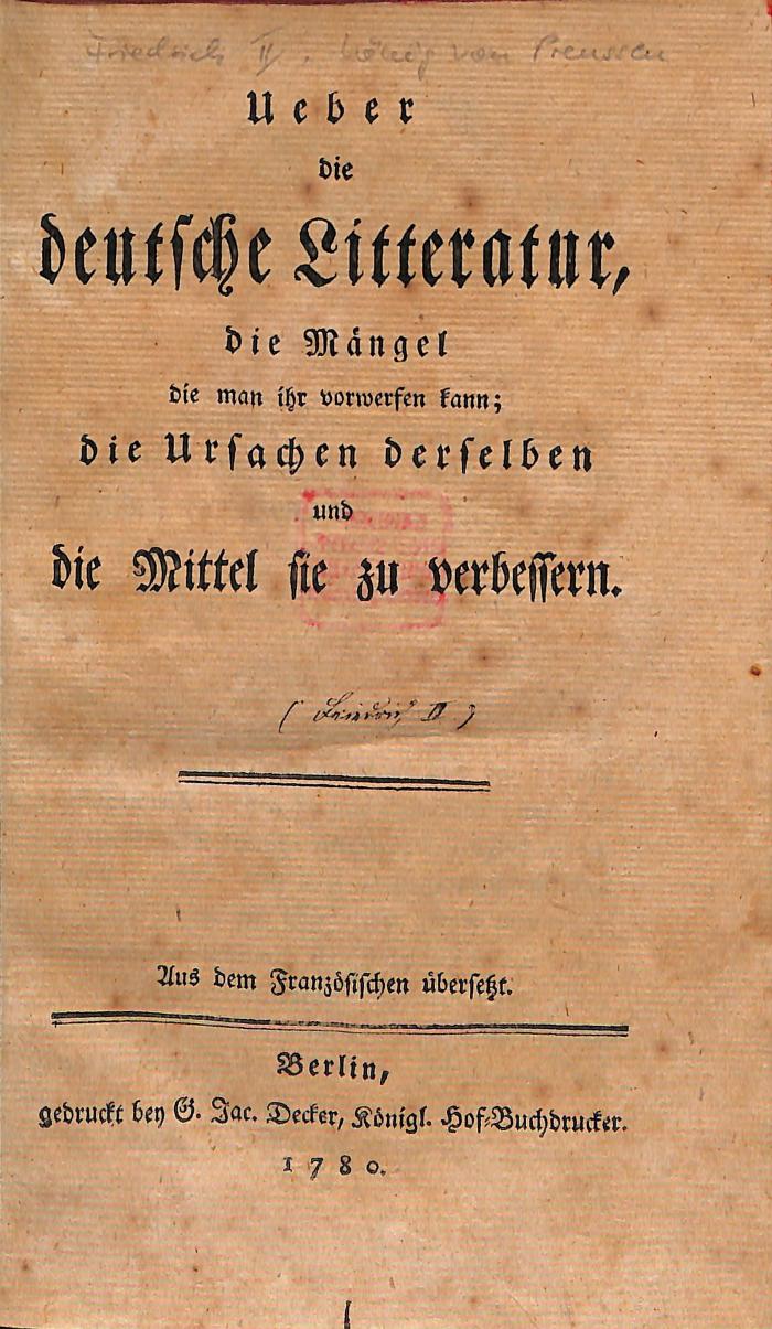 DLIT7742 : Ueber die deutsche Litteratur (1780)