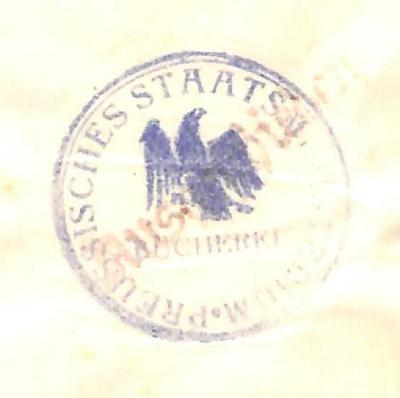- (Preußen. Staatsministerium), Stempel: Name; 'PREUSSISCHES STAATSMINISTERIUM / BÜCHEREI'.  (Prototyp)