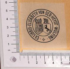 - (Heydt Wülfing, Elisabeth von der), Etikett: Exlibris; 'Ex libris Elisabeth von der Heydt Wülfing'.  (Prototyp)
