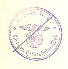 - (Nationalsozialistische Deutsche Arbeiterpartei. Ortsgruppe Hildesheim-West), Stempel: Name, Ortsangabe; 'N. S. D. A. P. / Ortsgr. Hildesheim-West'. 
