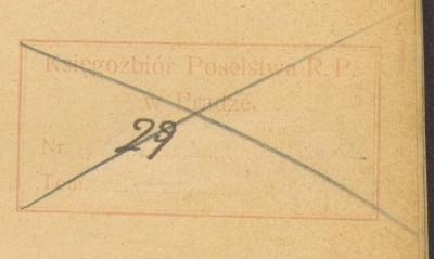 - (Polen. Poselstwo Rzeczypospolitej Polskiej w Pradze), Stempel: Name; 'Księgozbiór Poselstwa R.P. w Pradze. Nr. 29 Tom.'. 
