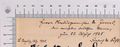 - (Jarres, Karl), Von Hand: Widmung; 'Herrn Oberbürgermeister Dr. Jarres, [vier unleserliche Wörter], zum 25. August 1925 Friedrich W. Fuchs", "b. Steglitz[?], Aug. 1925.'. 