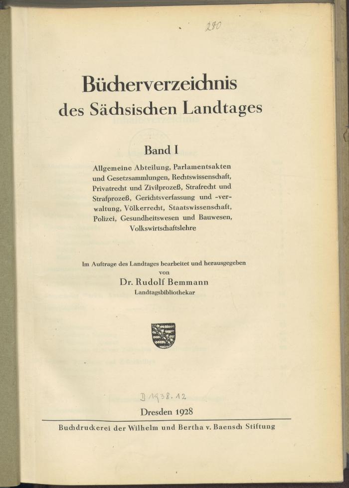 Ap 7314:1:F8 : Bücherverzeichnis des Sächsischen Landtages. 1. (1928)