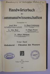 B 943-1 : Handwörterbuch der Kommunalwissenschaften. 1, Abdeckerei - Filtration des Wassers (1918)
