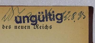 B 689 : Politisches ABC des neuen Reichs. Schlag- und Stichwörterbuch für den deutschen Volksgenossen (1933);- (Zander, Friedrich), Von Hand: Autogramm, Name, Datum; 'Dr. Zander 22.8.[35]'. 