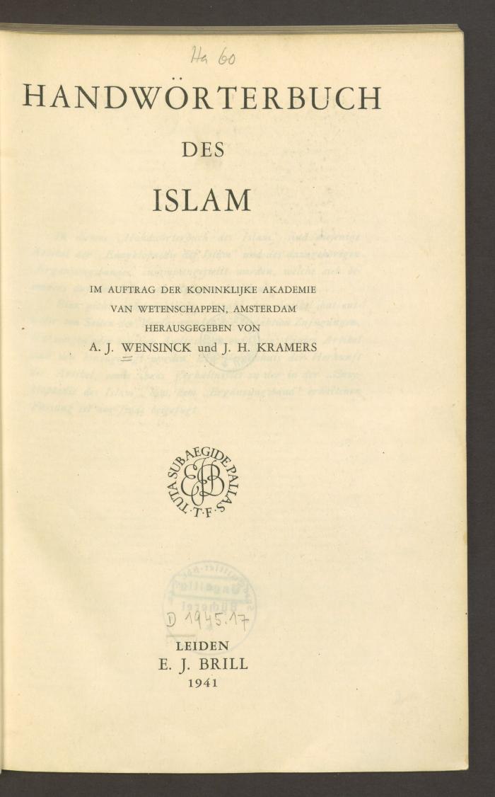 Zu 84370:'a':F4 : Handwörterbuch des Islam. (1941)
