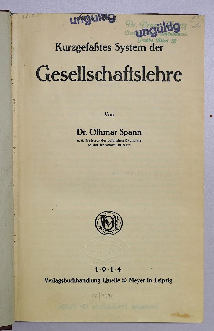 Ba 11 : Kurzgefaßtes System der Gesellschaftslehre (1914)