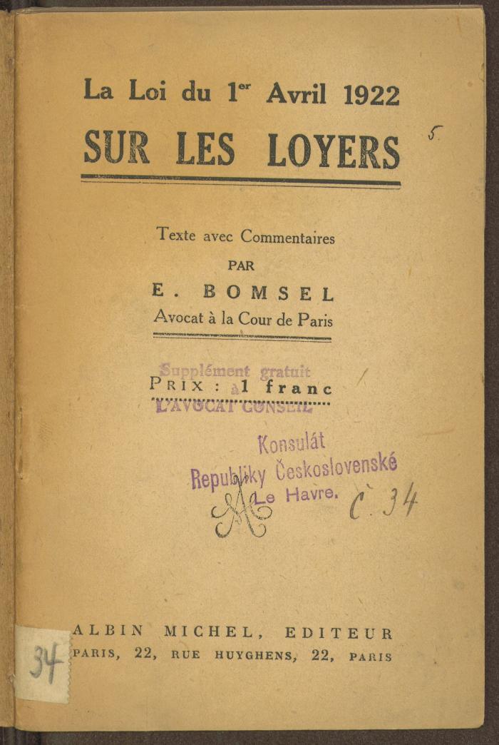Hm 42718:F8 : La loi du 1er Avril 1922 sur les loyers. (1922)