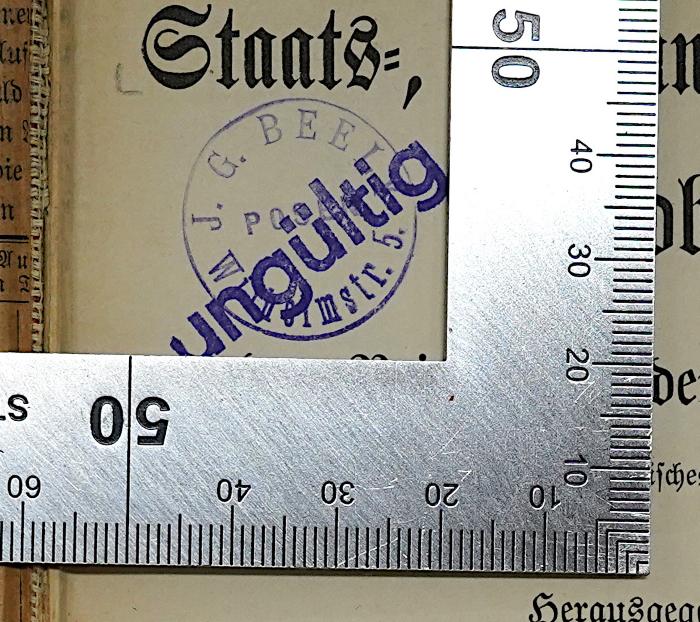 Ba 605-1888 : Staats-, Hof- und Kommunalhandbuch des Reichs und der Einzelstaaten
 (1888);-, Stempel: Name, Ortsangabe; 'J. G. Beelk Posen Wilhelmstr. 5.'