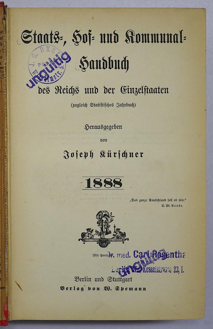 Ba 605-1888 : Staats-, Hof- und Kommunalhandbuch des Reichs und der Einzelstaaten
 (1888)