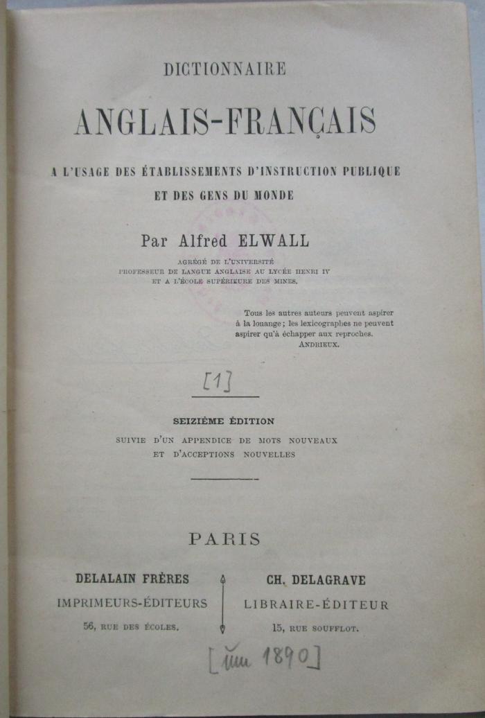 Sa 507 af: Dictionnaire anglais-francais (1889)