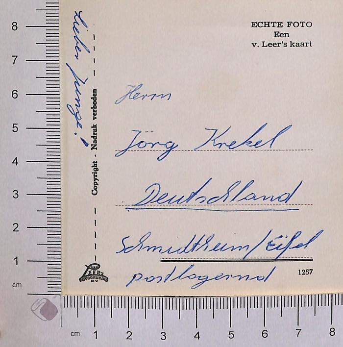 - (Krekel, Jörg), Post: ; ' Postkarte aus Texel, "Herrn Jörg Krekel Deutschland Schmidtheim/Eifel postlagernd; Lieber Junge!'. 