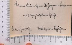 - (Schäfer, Wilhelm), Von Hand: Widmung; 'Meinem lieben Herrn Dr. Schürmann in herzlicher Verehrung. Der Verfasser. Elberfeld, 17.2.94.'. 