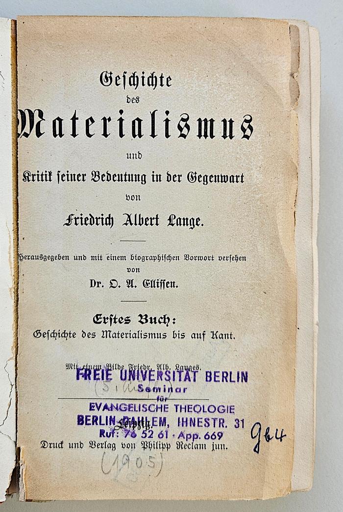 Gb 4 (ausgesondert) : Geschichte des Materialismus und Kritik seiner Bedeutung in der Gegenwart : Geschichte des Materialismus bis auf Kant. (1905)