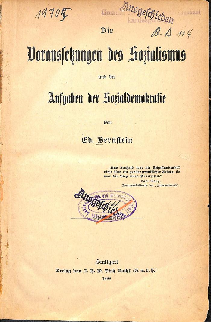 S 3585 : Die Voraussetzungen des Sozialismus und die Aufgaben der Sozialdemokratie. (1899)