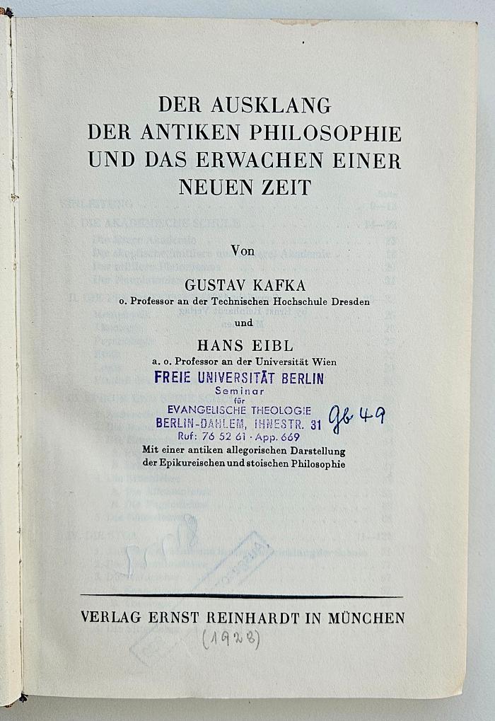 Gb 49 (Ausgesondert) : Der Ausklang der antiken Philosophie und das Erwachen einer neuen Zeit. (1928)