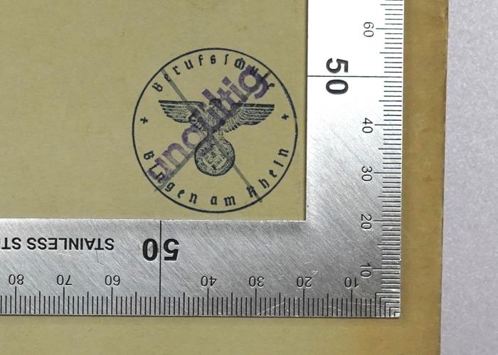 Ba 628&lt;3&gt; : Die deutsche Staatsidee (1934);- (Berufsschule Bingen am Rhein), Stempel: Berufsangabe/Titel/Branche, Name, Ortsangabe, Emblem; 'Berufsschule Bingen am Rhein'. 