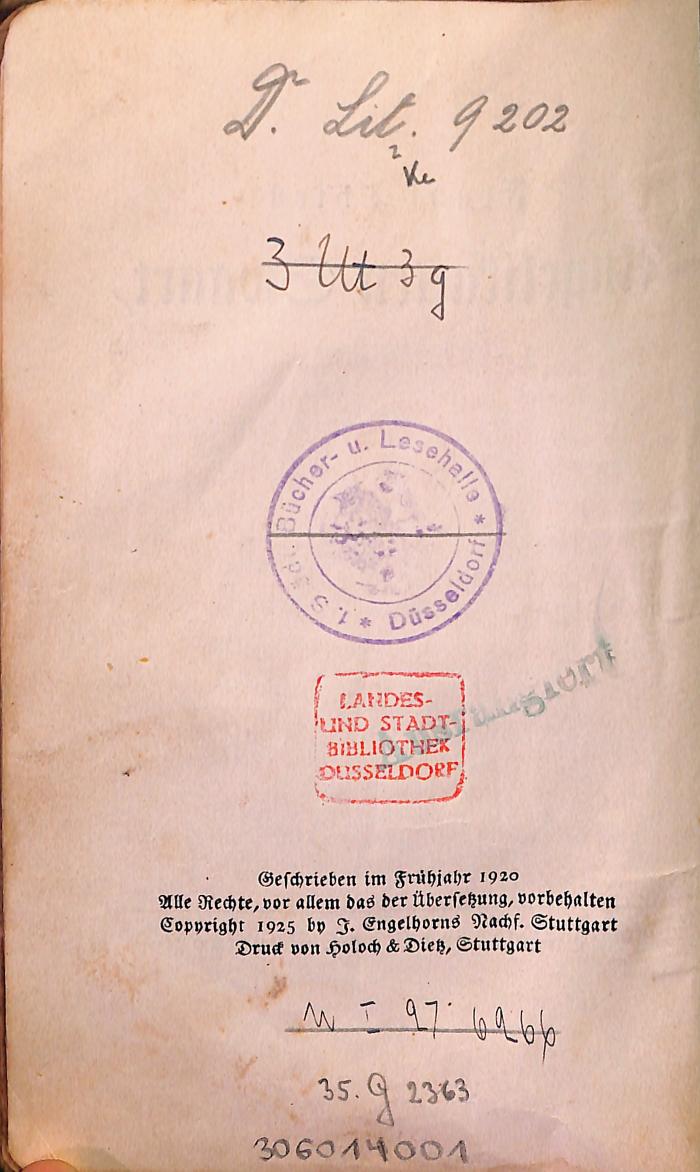 - (Städtische Bücher- und Lesehalle (Düsseldorf, 1)), Stempel: ; '1. Städt. Bücher- u. Lesehalle Düsseldorf'. 