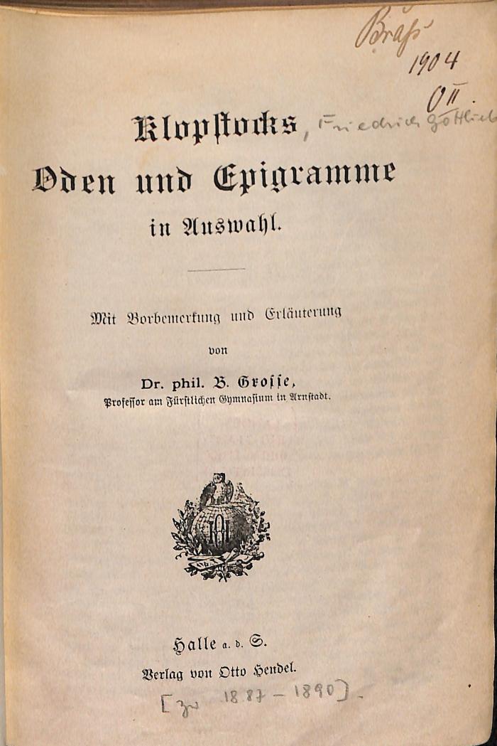 DLIT9265:1/6 : Klopstock's Oden und Epigramme in Auswahl ([1889])