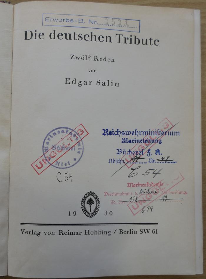 2522 : Die deutschen Tribute : zwölf Reden (1930)