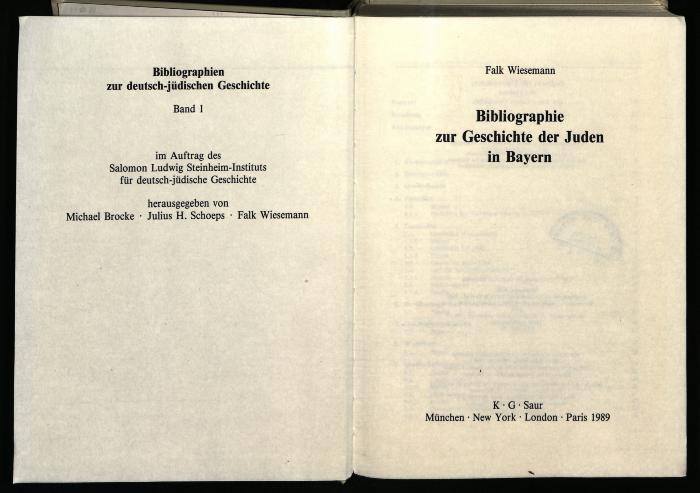 JUD II E2 04 226 : Bibliographie zur Geschichte der Juden in Bayern

 (1989)