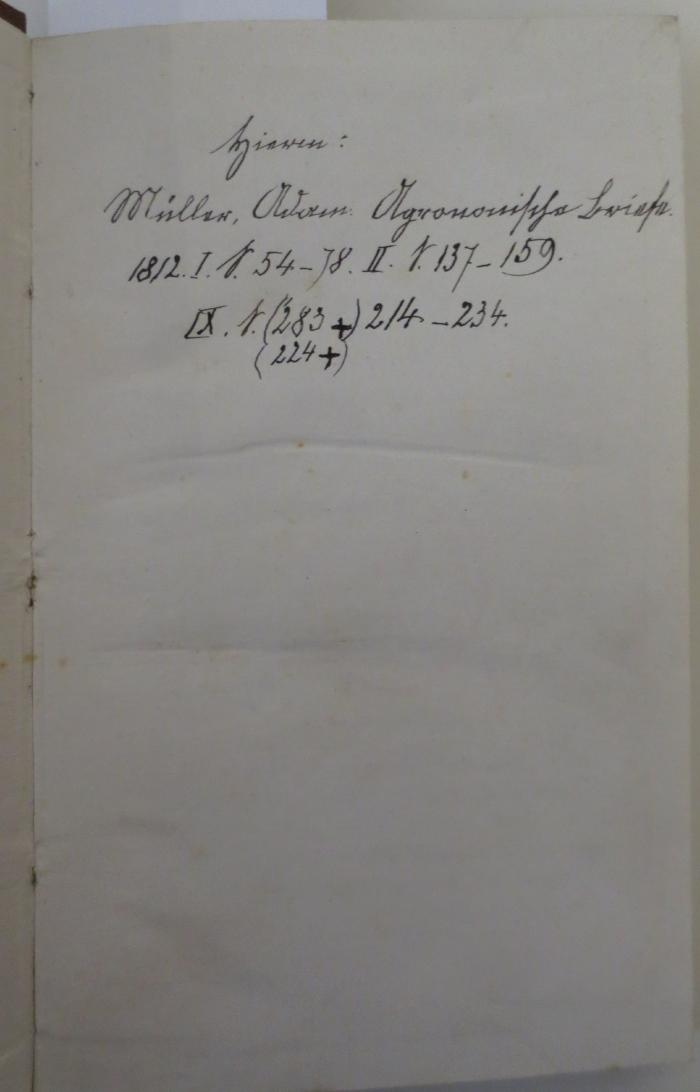 -, Von Hand: Notiz; 'Tzieren: Müller, Adam: Agronomische Briefe. 1812. I. S. 54-78. II. S. 137-159. IX. S. (283+)214-234.
(224+)'