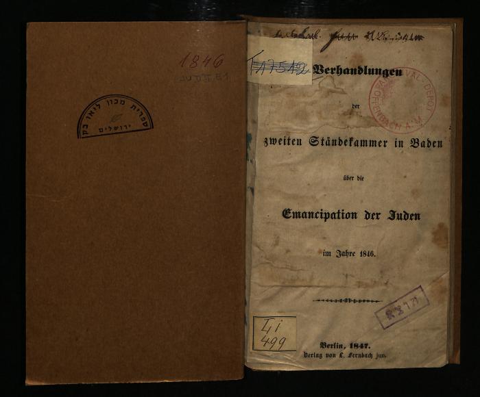 JUD II E1 1846 : Verhandlungen der zweiten Ständekammer in Baden über die Emancipation der Juden im Jahre 1846

 (1847)