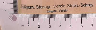 - (Stenographen-Verein Stolze Schrey zu Neukölln), Stempel: ; 'Allg. Stenogr.-Verein Stolze Schrey Eingetr. Verein'.  (Prototyp)