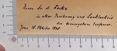 - (Focke, A. Dr.), Von Hand: Widmung; 'Herrn Dr. A. Focke in alter Verehrung und Dankbarkeit der treu ergebene Verfasser. Jena, 15. Oktober 1895'. 