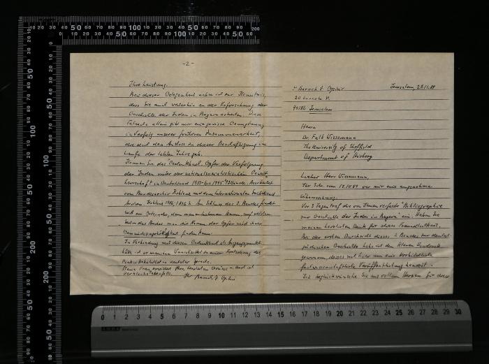 - (Baruch Ophir;Falk Wiesemann), Von Hand: Besitzwechsel: Schenkung; 'Baruch Z. Ophir
20 Lincoln St.
94148 Jerusalem
Jerusalem, 27.11.89
Herrn
Dr. Falk Wiesemann
The University of Sheffield
Department of History
Lieber Herr Wiesemann,'. 