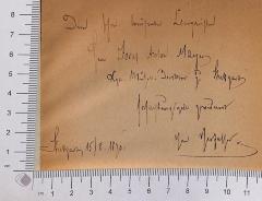 - (Mayer, Josef Anton), Von Hand: Widmung; 'Dem schon berühmten Komponisten [ein unleserliches Wort] Josef Anton Mayer Kgl.[?] Musik. Direktor zu Stuttgart hochachtungsvoll gewidmet vom Verfasser Stuttgart 15/X.1890[?]'. 