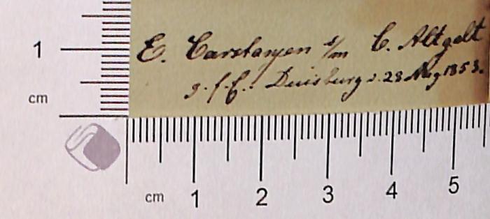 - (Altgeld, Carl ), Von Hand: Widmung; 'E. Castanjen [?] s/m C. Altgelt g.f.G. Duisburg 28. Aug. 1853'. 