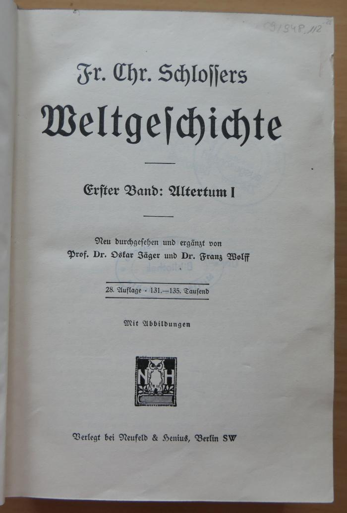 09/948.1/2 : Fr. Chr. Schlossers Weltgeschichte: Erster Band: Altertum I