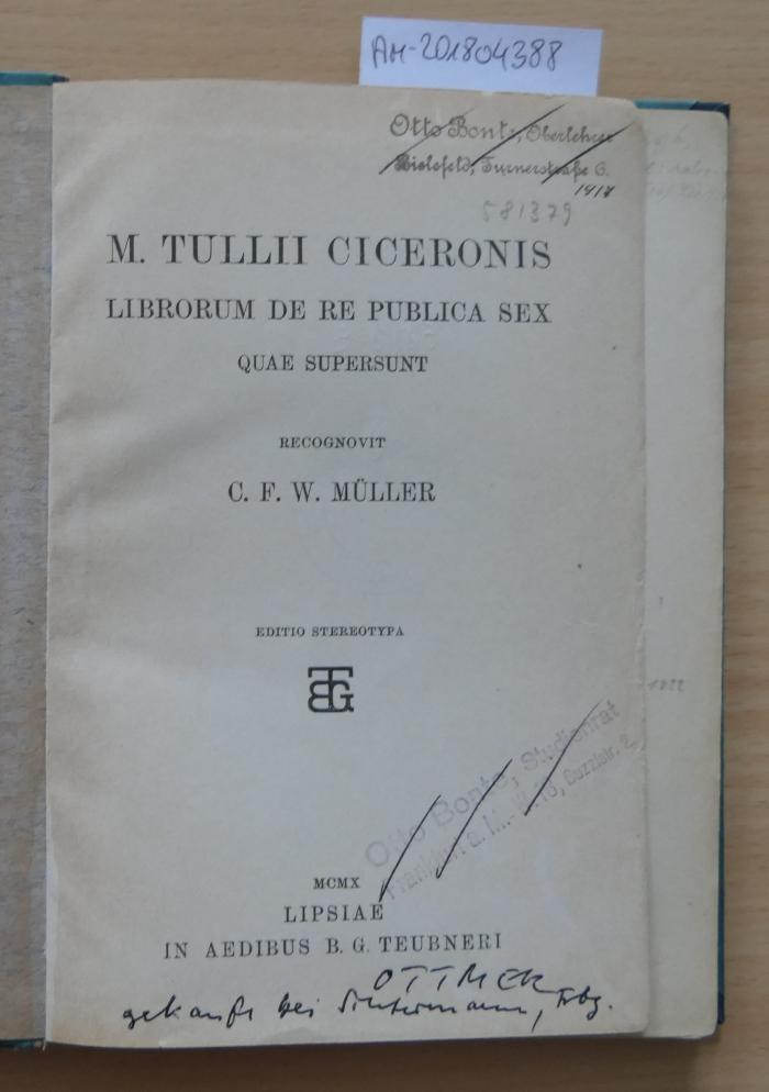 58/379 : M. Tullii Ciceronis librorum De re publica sex quae supersunt (MCMX)