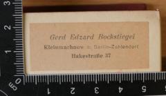 -, Etikett: Name; 'Gerd Edzard Bockstiegel
Kleinmachnow b. Berlin-Zehlendorf
Hakestraße 37'