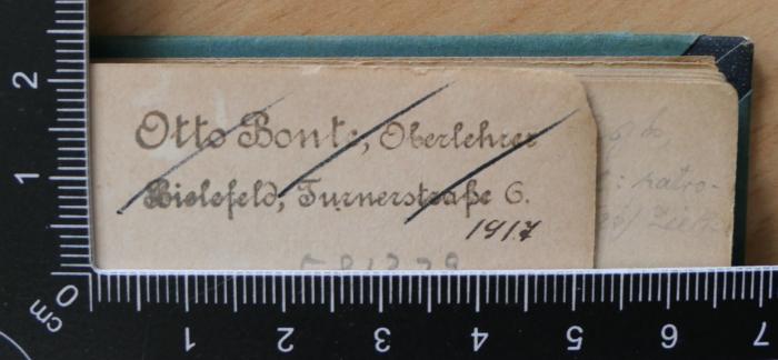 -, Stempel: Name; 'Otto Bonte, Oberlehrer Bielefeld Turnerstraße 6'