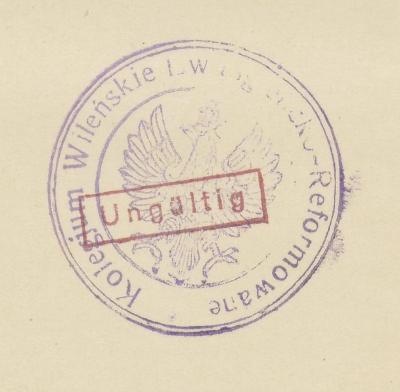 - (Kolegium Wileńskie Ewangielicko-Reformowane), Stempel: Name; 'Kolegium Wileńskie Ewangielicko-Reformowane'. 