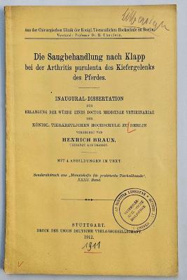  Die Saugbehandlung nach Klapp bei der Arthritis purulenta des Kiefergelenks der Pferde (1912)