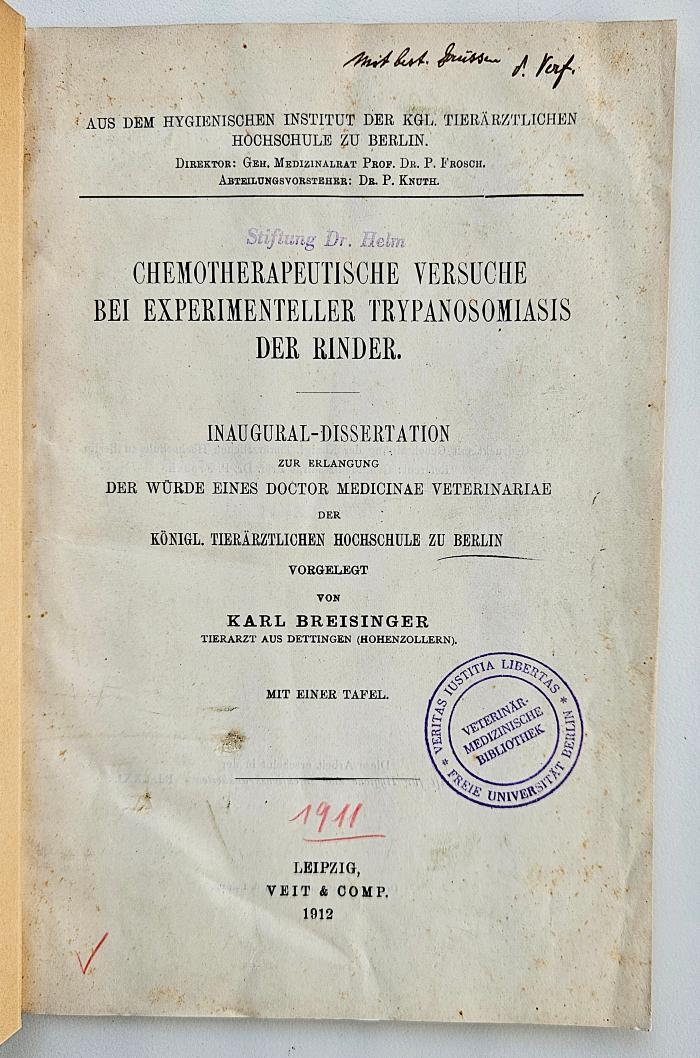  Chemotherapeutische Versuche bei Experimenteller Trypanosomiasis der Rinder (1912)