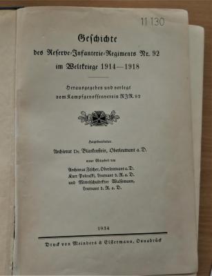 11130 : Geschichte des Reserve-Infanterie-Regiments Nr. 92 im Weltkriege 1914 - 1918 (1934)